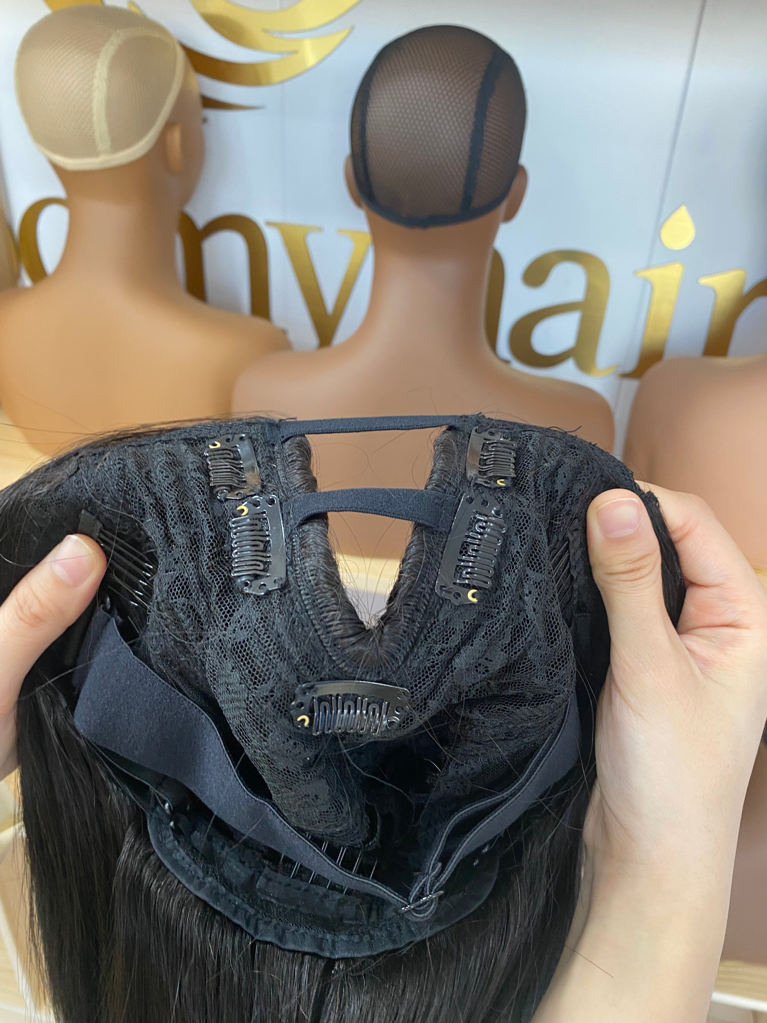 Close-up of V-part Wig Straight – 100% Human Hair, Natural Look, No Leave Out