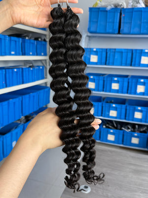 Close-up of knotless pre-separated crochet hair extensions deep wave – natural look, quick install, tangle-free