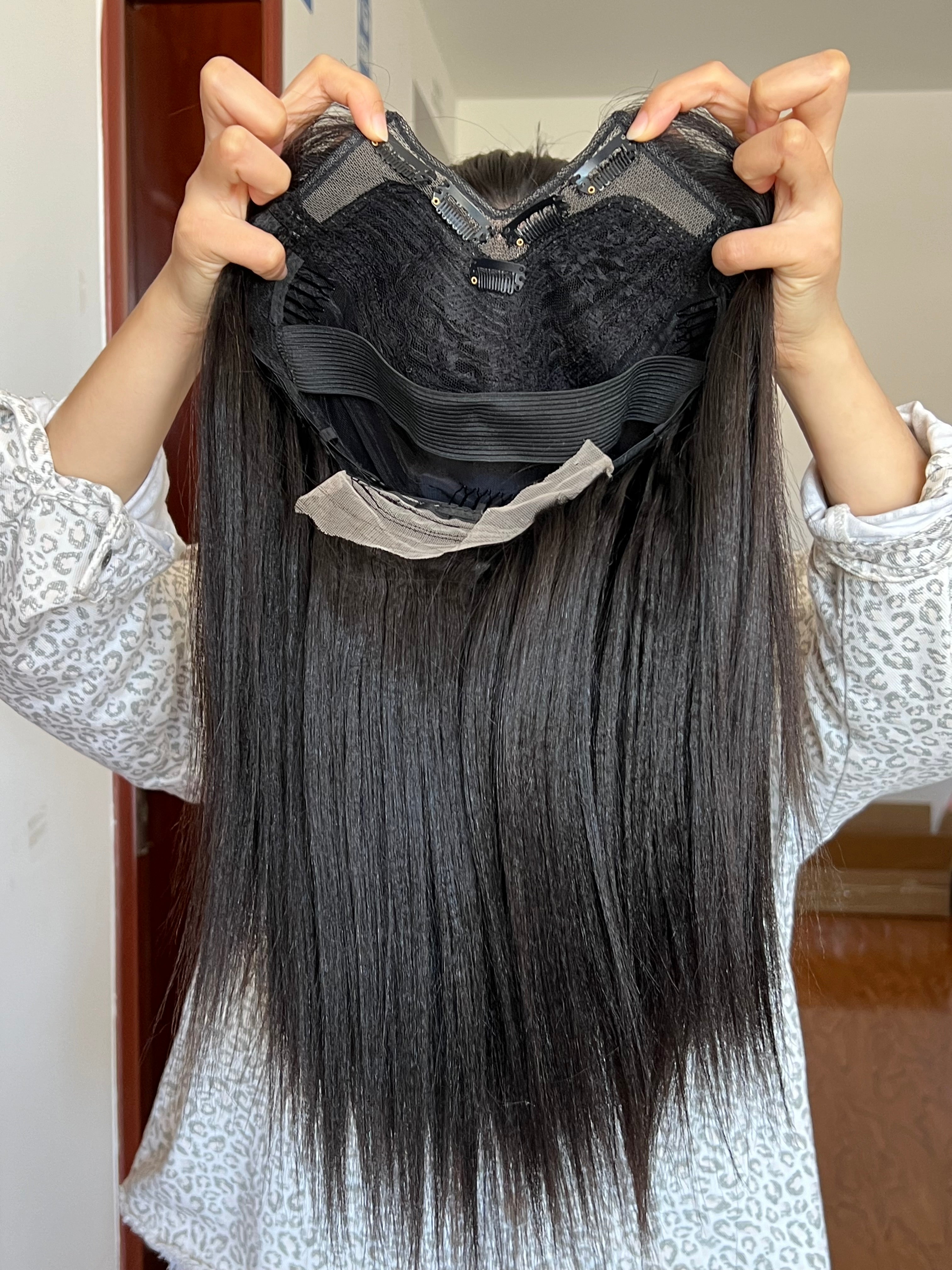 Back view of V-part Wig Light Yaki – Relaxed Straight, Natural Texture