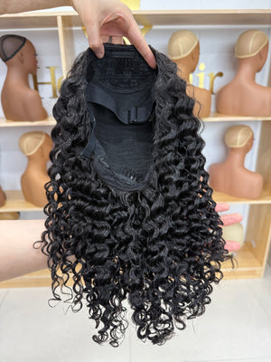 flip-over half wig deep curly human hair – back view length