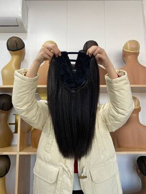 Back view of V-part Wig Straight – 100% Human Hair, Natural Look, No Leave Out