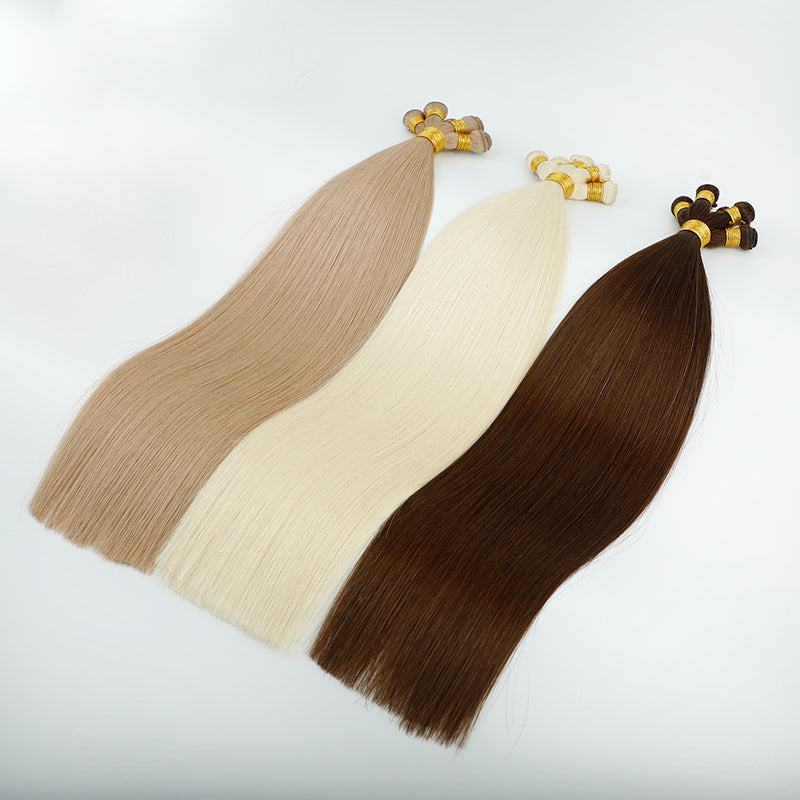 Double Drawn Unprocessed Remy Russian Hair Extensions Silky Straight Hand Tied Weft