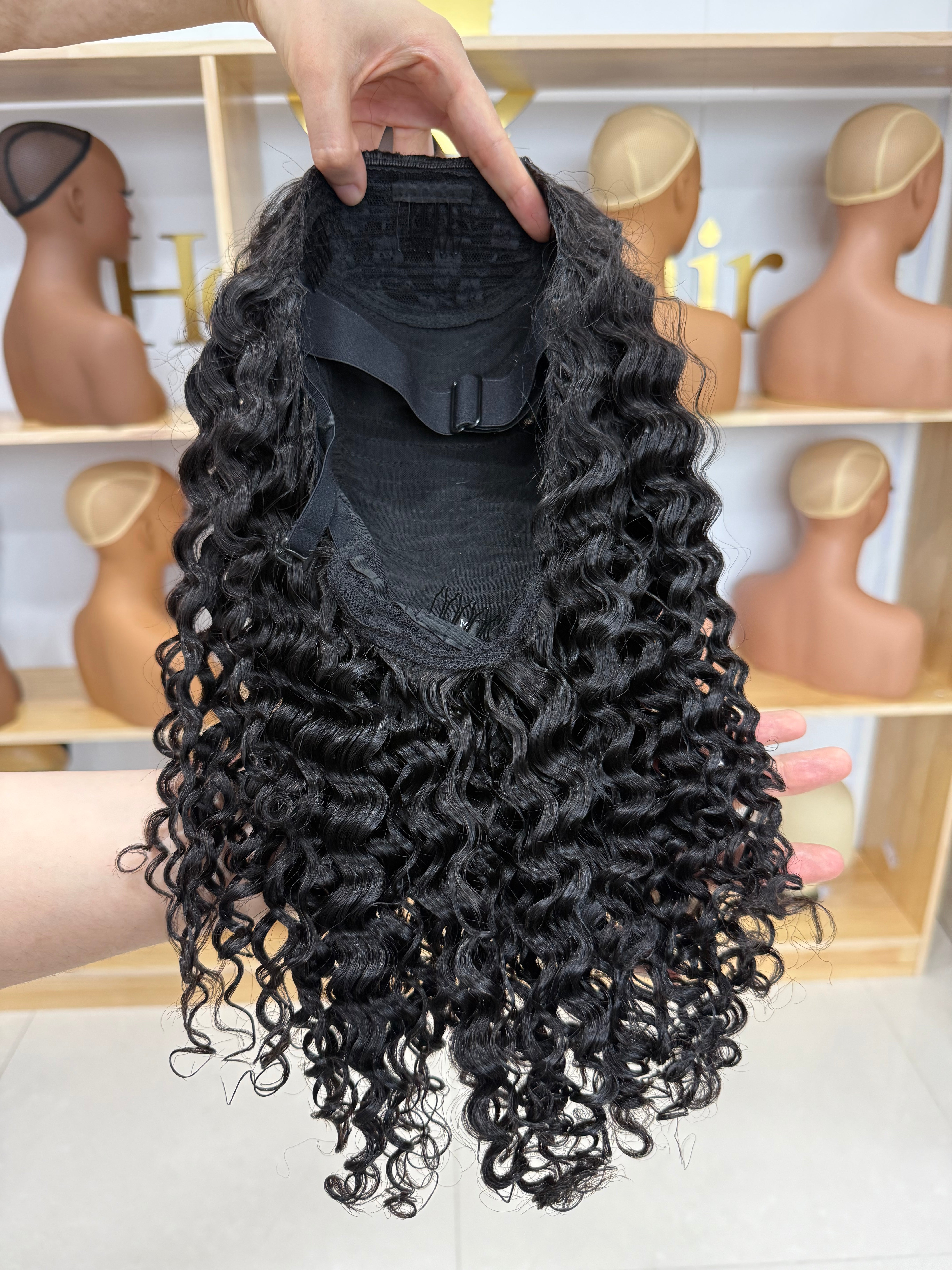 flip-over half wig deep curly human hair – back view length