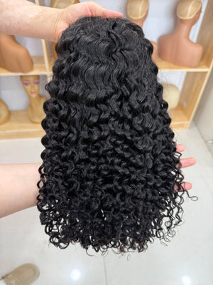 flip-over half wig deep curly human hair – natural blend, front view
