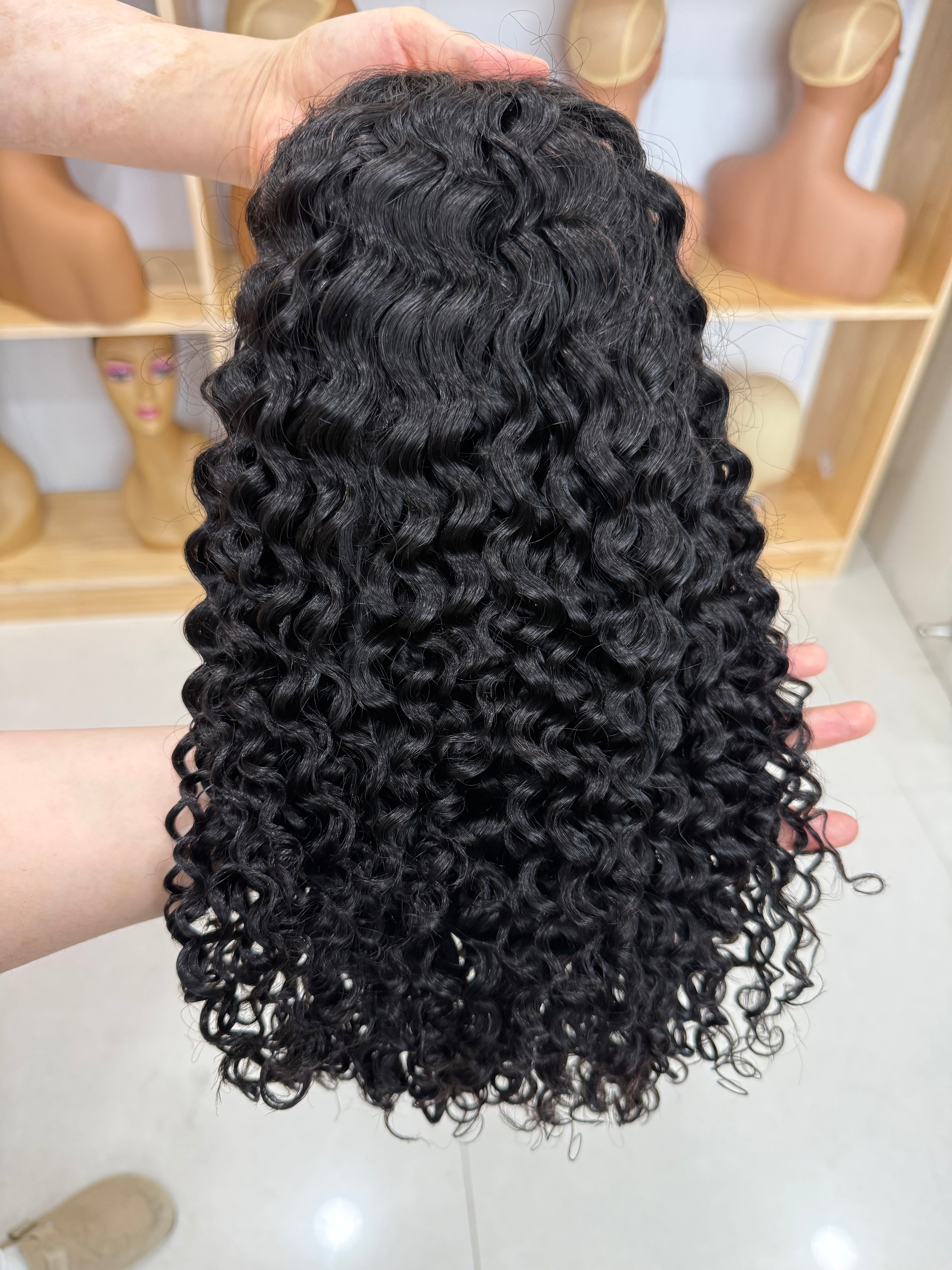 flip-over half wig deep curly human hair – natural blend, front view
