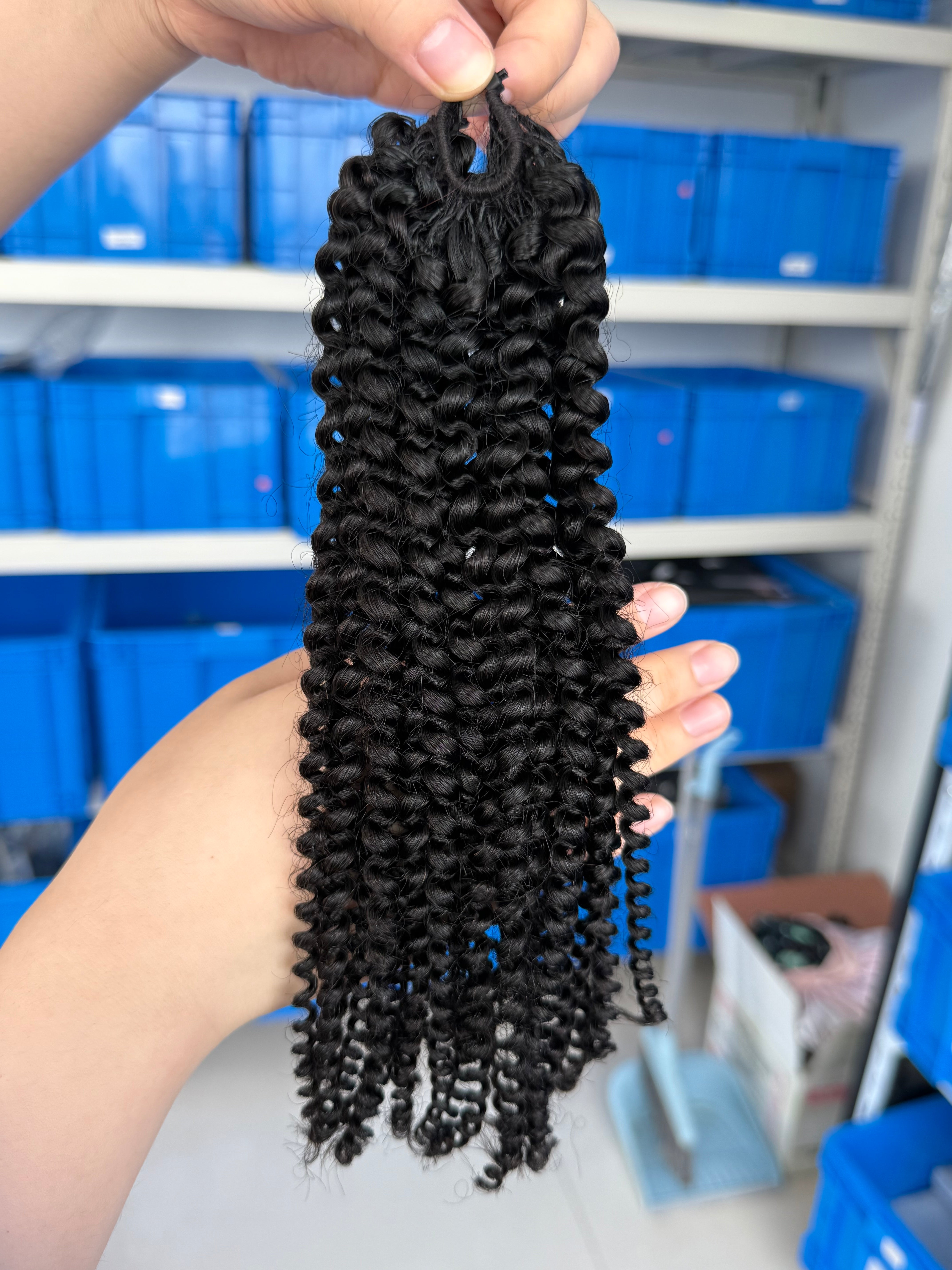 Close-up of pre-separated crochet hair extensions kinky curly – natural look, quick install, tangle-free