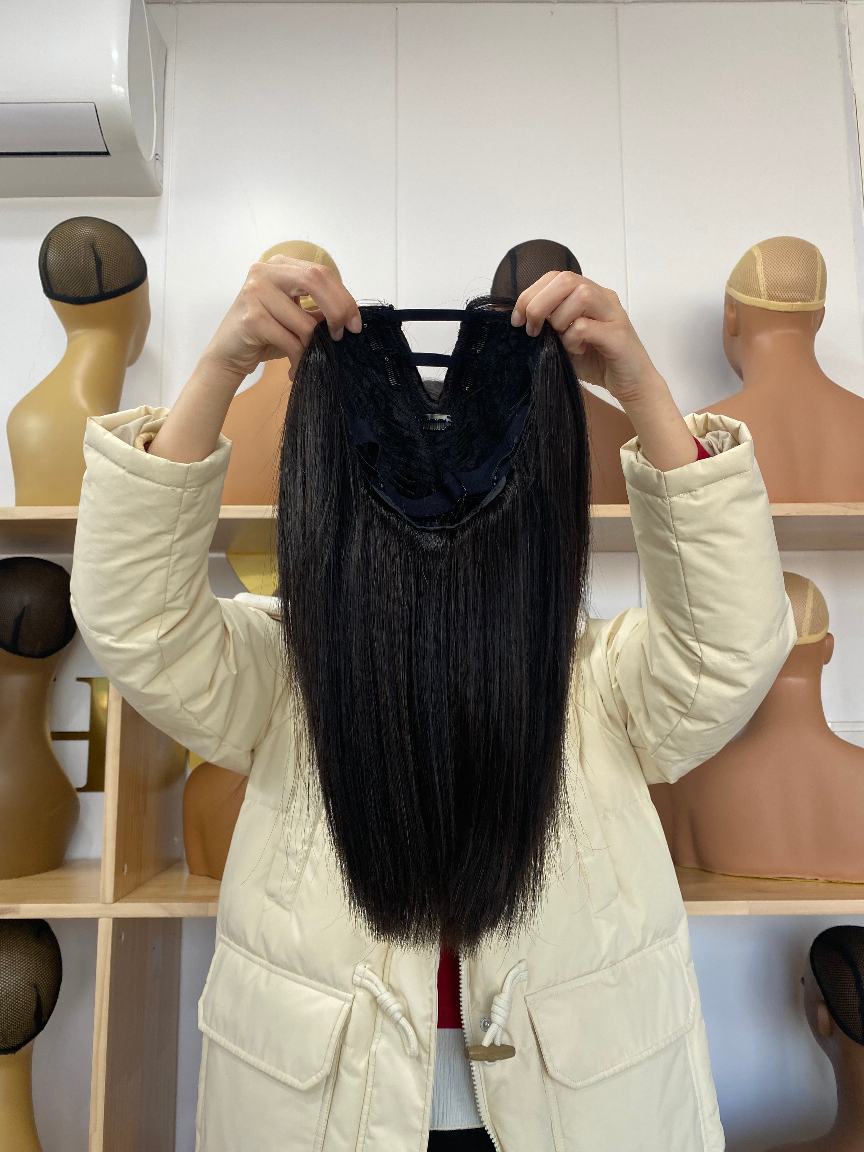 Back view of V-part Wig Straight – 100% Human Hair, Natural Look, No Leave Out